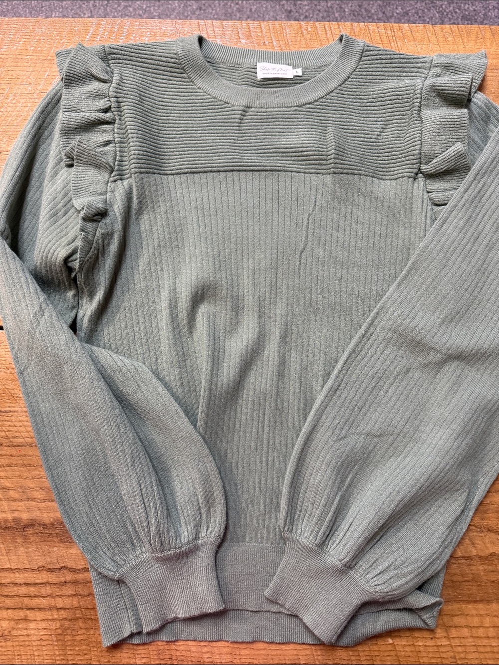 Ruffled Shoulder Rib-Knit Sweater - Olive Green